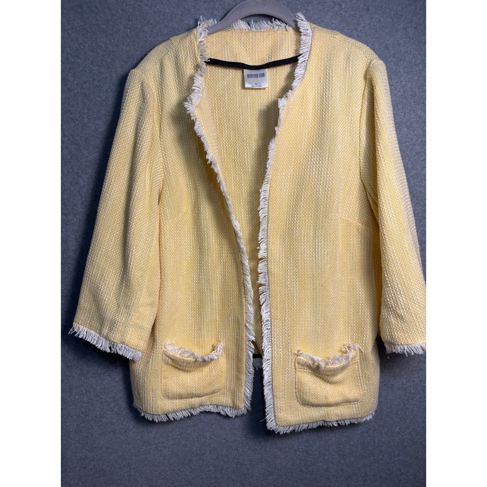 Bedford Fair Fringe Trim Open Front Jacket XL Coastal Grandma‎ Tweed Blazer